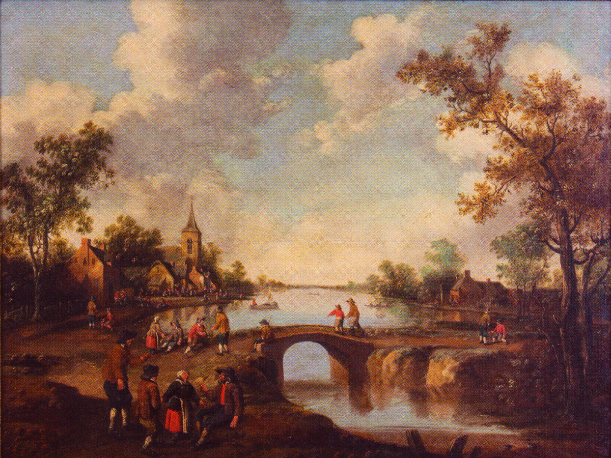 figures on a bridge outside a village